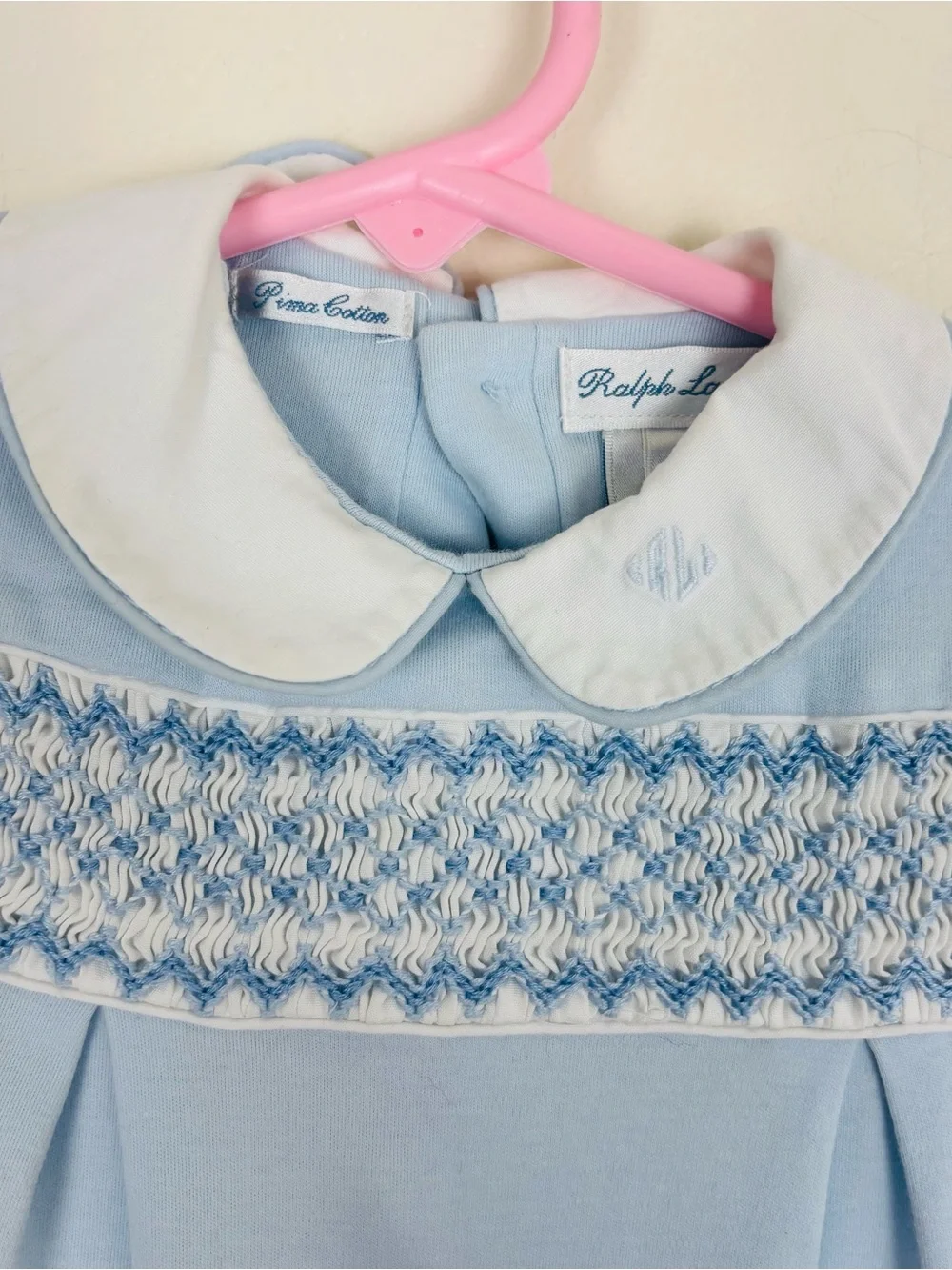 Ralph Lauren blue Pima cotton romper Peter Pan collar smocking. 6 months